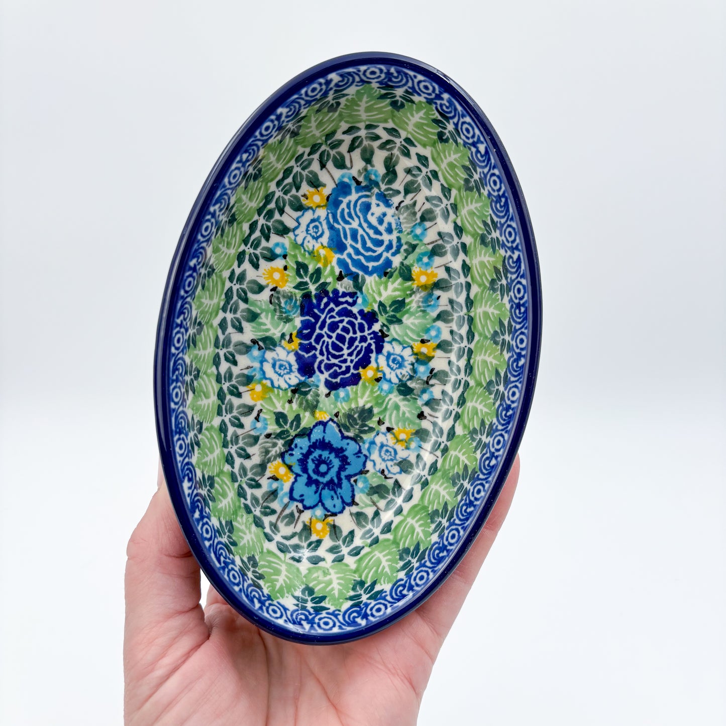 6” Oval Bowl.  Hand crafted Polish pottery stoneware:  UNIKAT Lime Bouquet Design