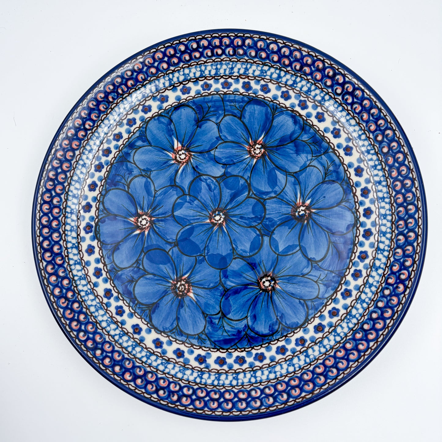 10.5” Plate.  Hand crafted Polish pottery stoneware: UNIKAT Cobalt Poppies