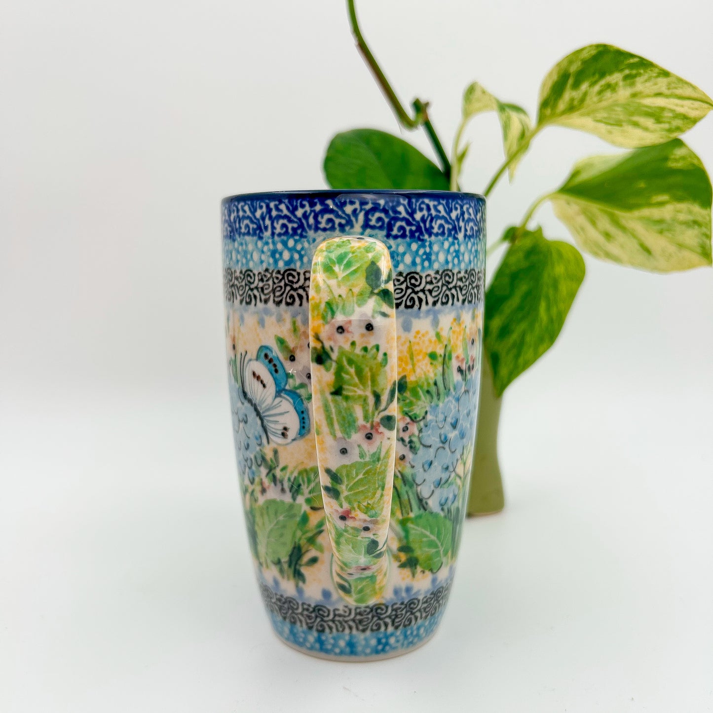 Latte Mug. Handcrafted Polish pottery stoneware: UNIKAT Blue Hydrangea