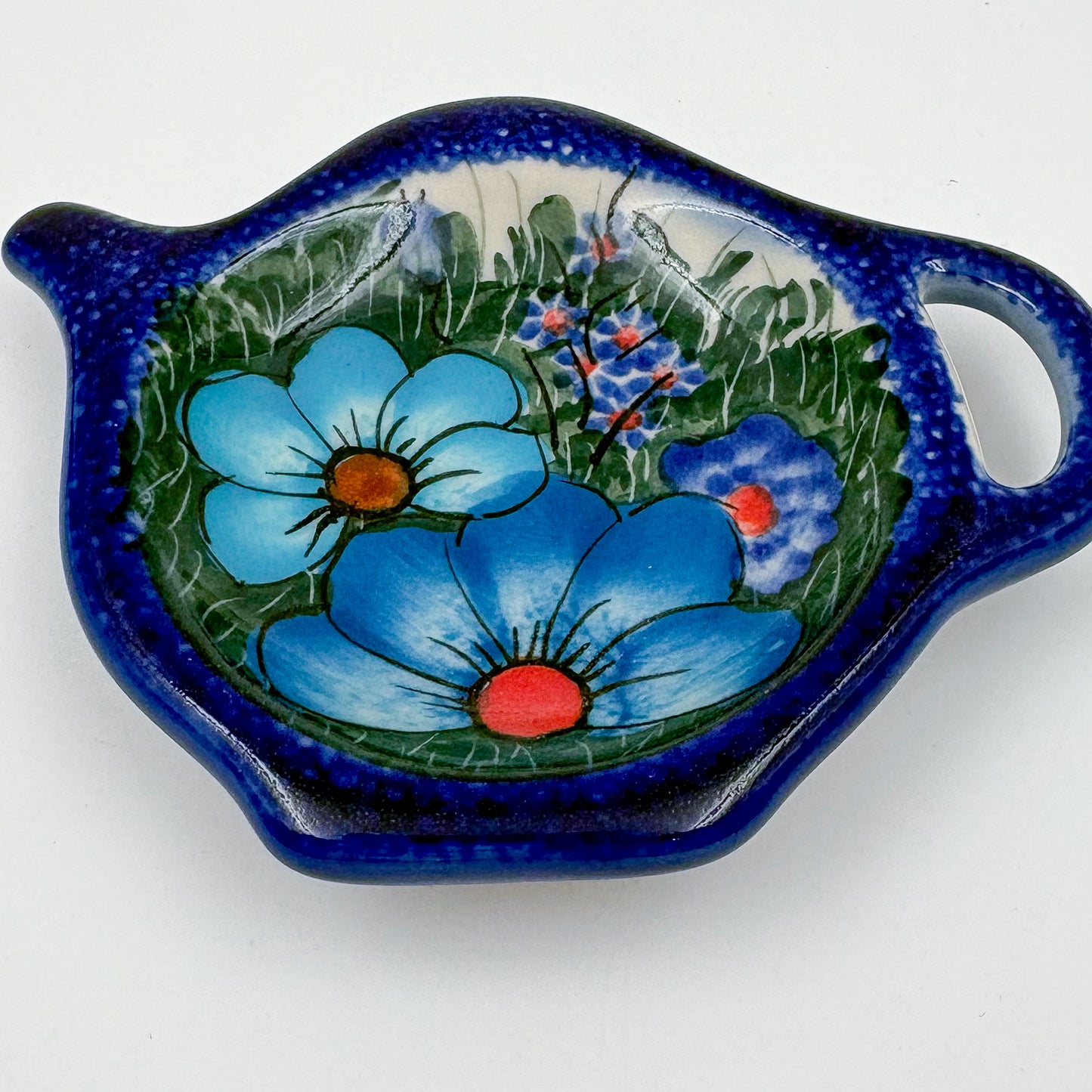 Teabag Holder.  Handmade Teapot Polish pottery.  UNIKAT Forget Me Not Pansy