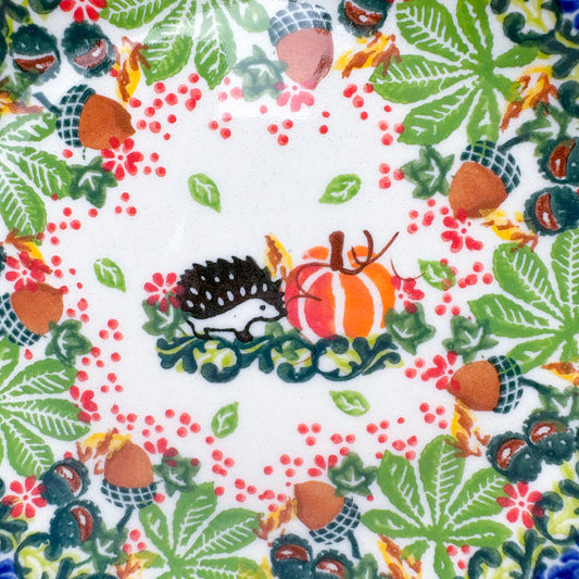 6” Plate.  Hand crafted Polish pottery stoneware: UNIKAT Hedgehogs and Pumpkins