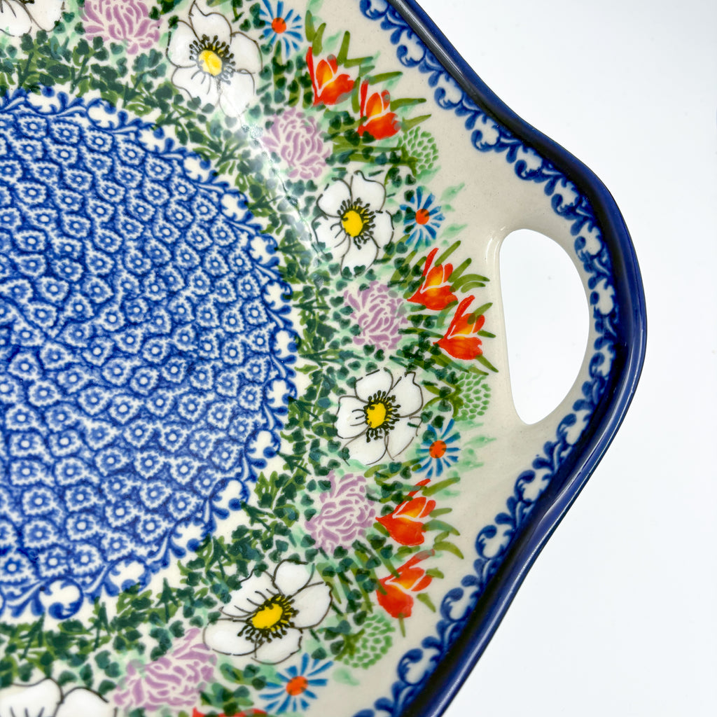 Close-up of handle and center medallion on Cottage Garden handled bowl