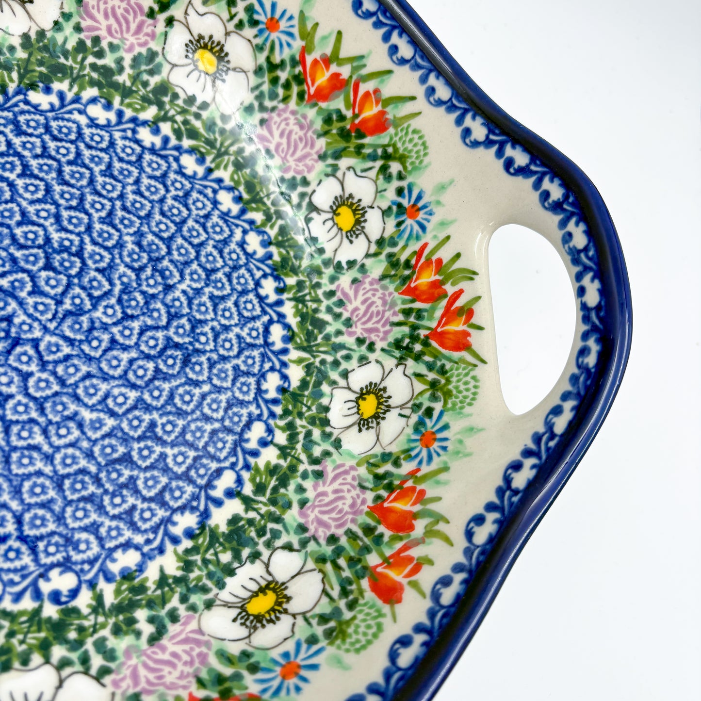 10" Bowl with Handles.  Hand crafted Polish pottery stoneware:  UNIKAT Cottage Garden