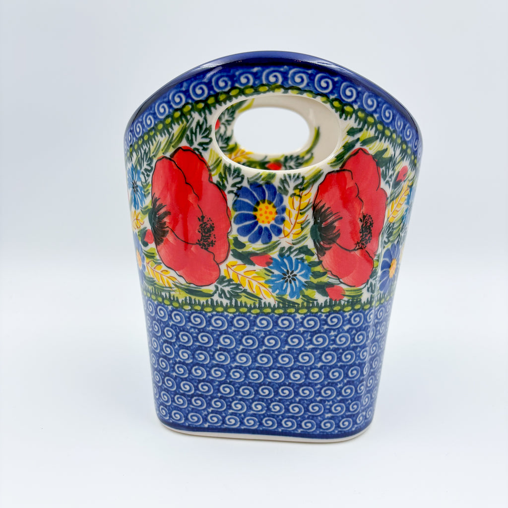 Basket Container & Utensil Med.  Handmade Polish pottery.  UNIKAT Garden Poppy Design