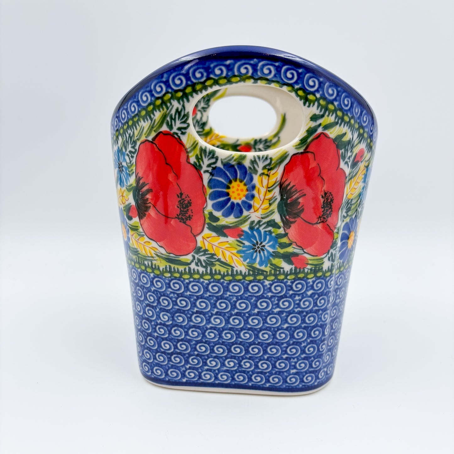 Basket Container & Utensil Med.  Handmade Polish pottery.  UNIKAT Garden Poppy Design