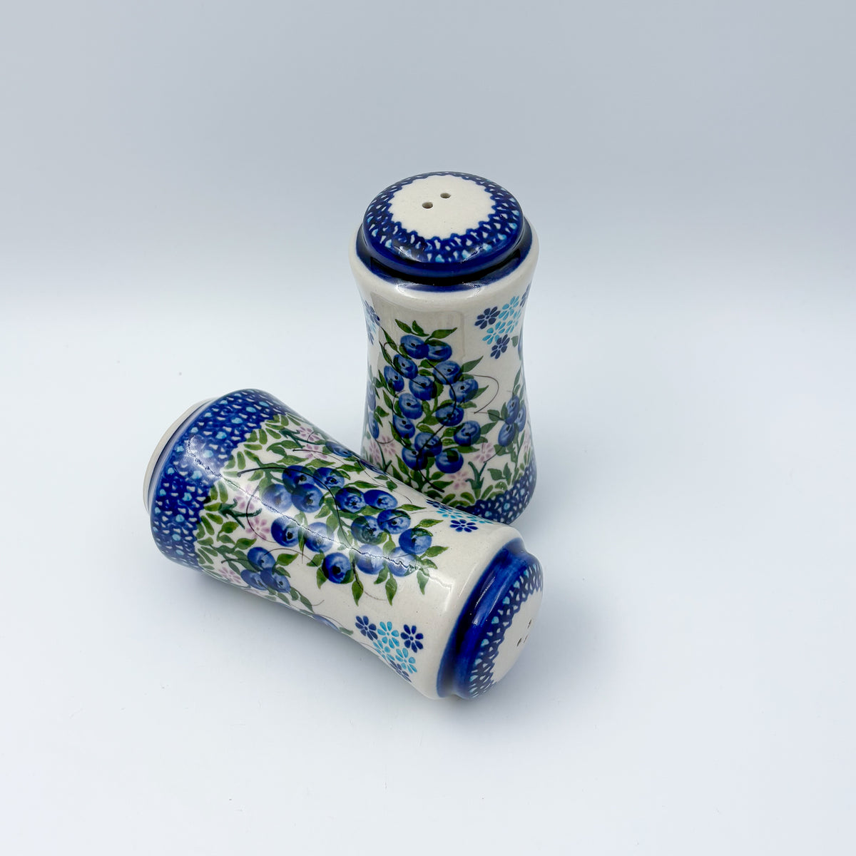 5” Salt and Pepper Shakers.  Handmade Polish pottery.  UNIKAT Blueberry Bliss Design