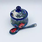Sugar Jar with spoon.  UNIKAT Forget Me Not Pansy Pattern