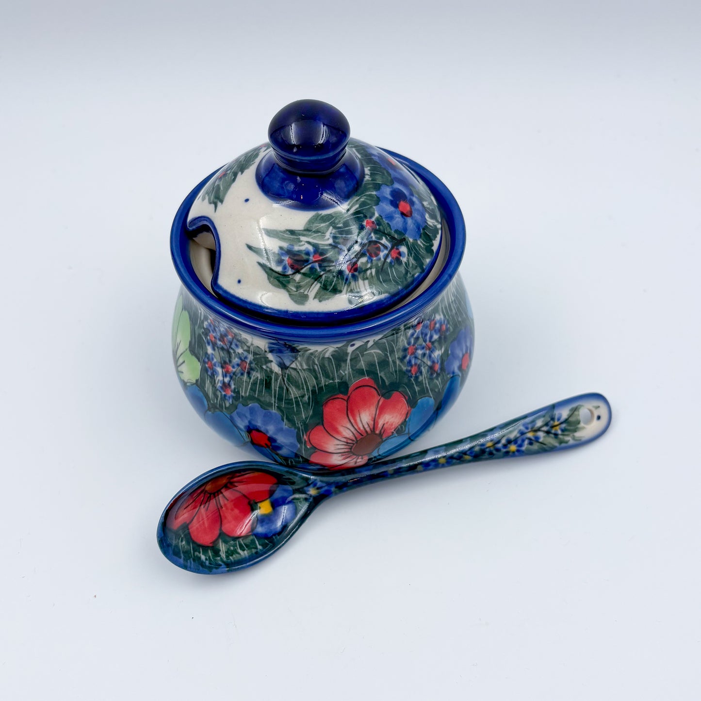 Sugar Bowl and spoon.  UNIKAT Forget Me Knot Pansy Pattern