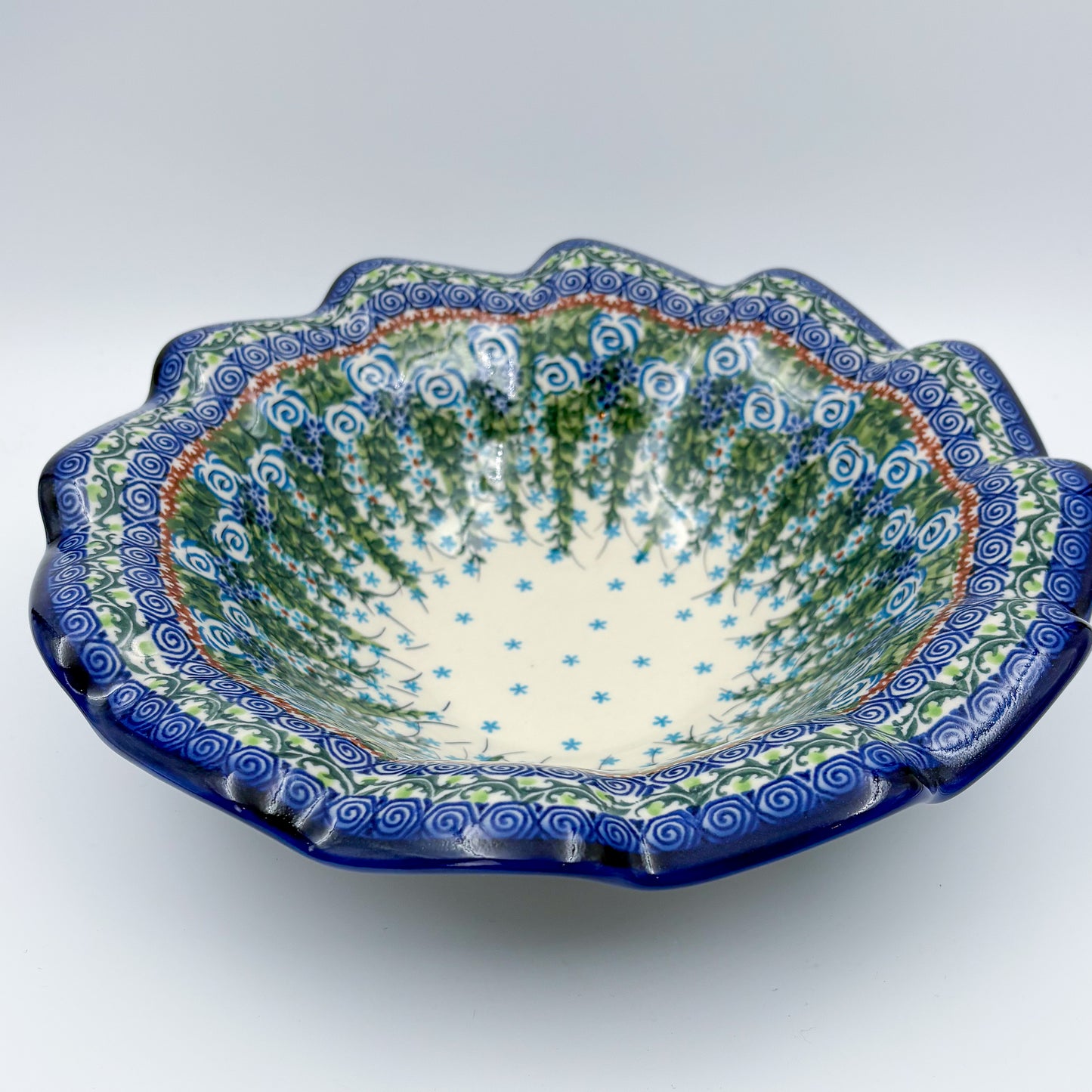 10.4" Wave Bowl. Hand crafted Polish pottery stoneware:  UNIKAT Whispering Ferns Pattern