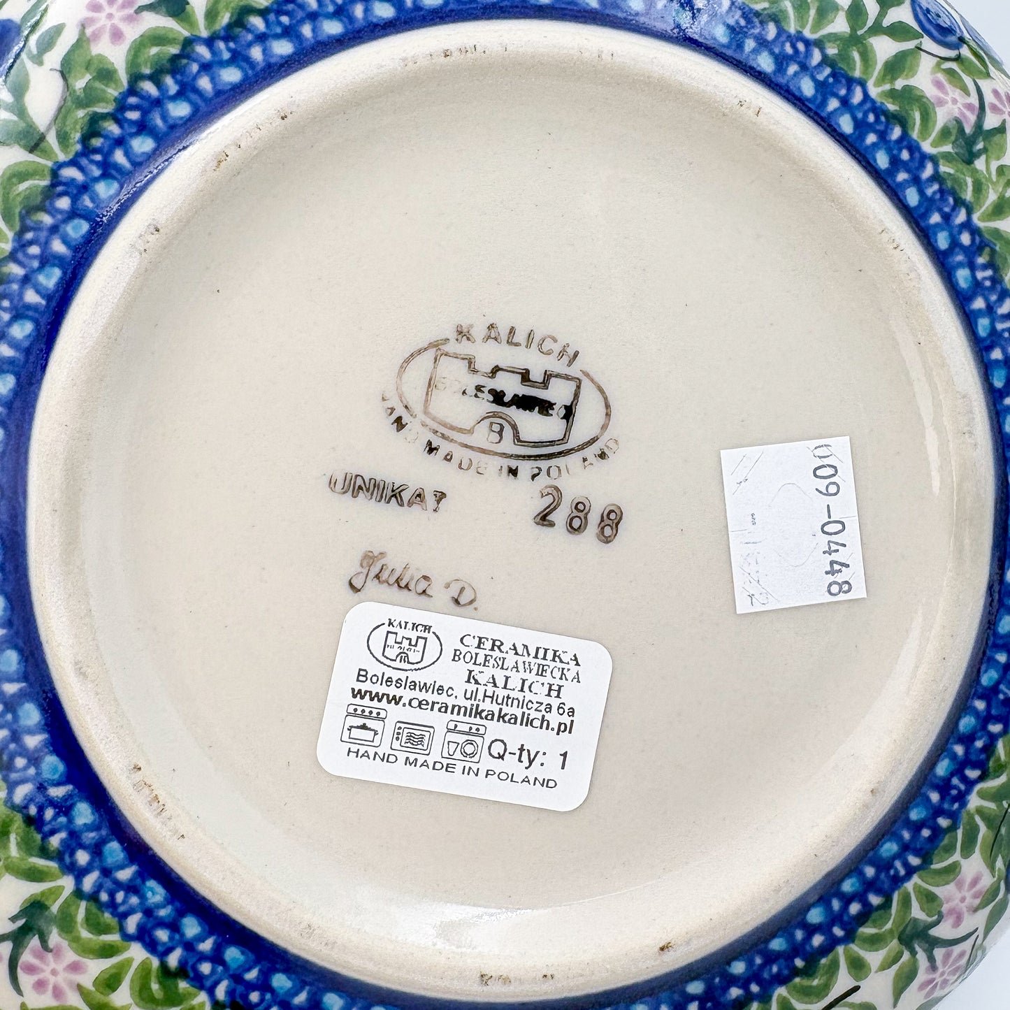 9" Kora Bowl  Hand crafted Polish pottery stoneware: UNIKAT Blueberry Design