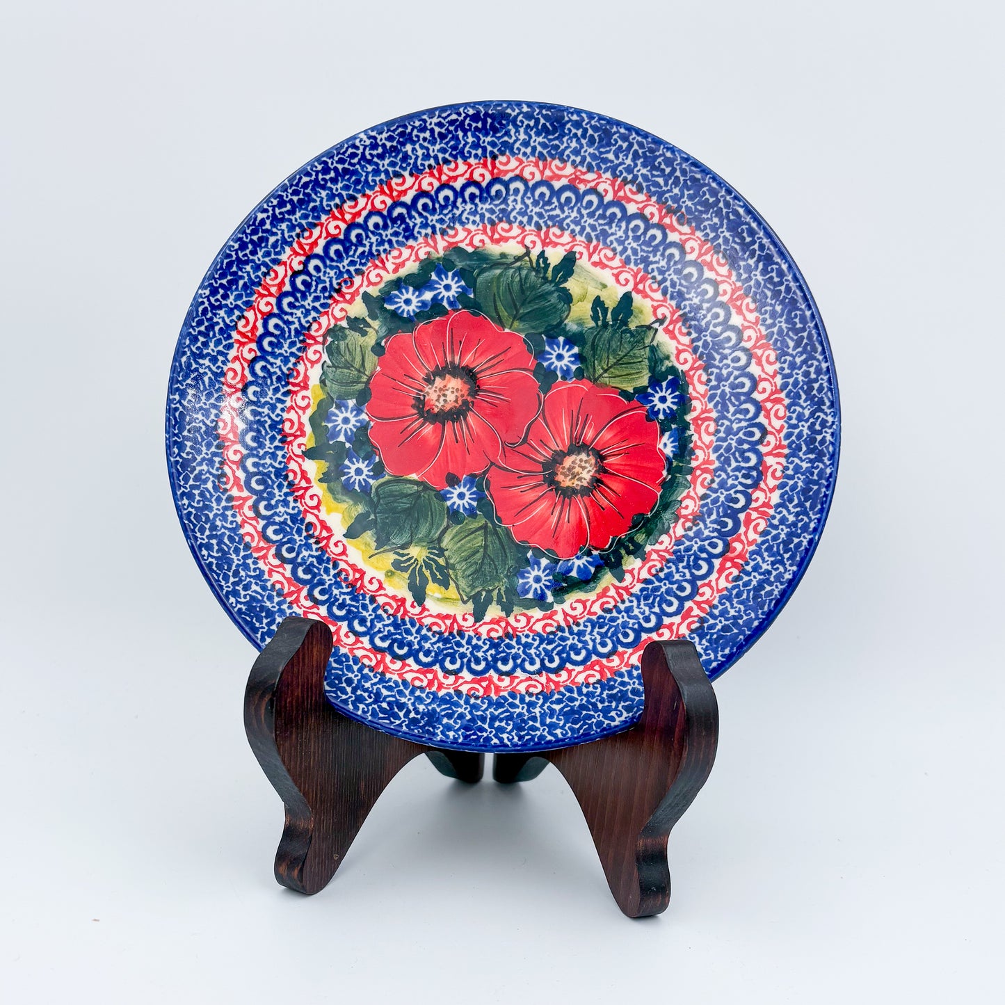 7.5” Plate.  Hand crafted Polish pottery stoneware: UNIKAT Red Finesy Design
