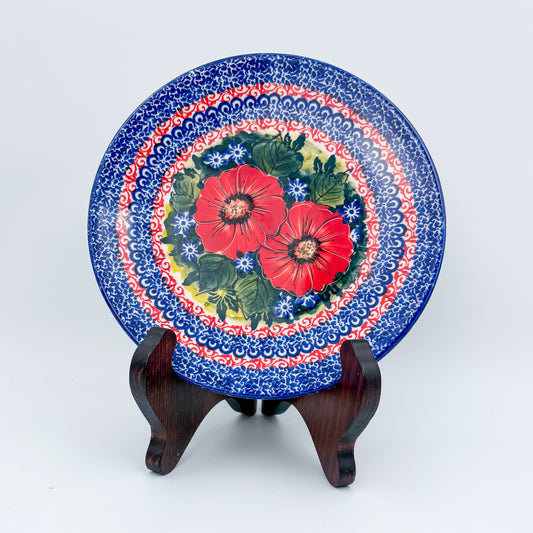 7.5” Plate.  Hand crafted Polish pottery stoneware: UNIKAT Red Finesy Design