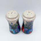 5” Salt and Pepper Shakers.  Handmade Polish pottery.  UNIKAT Forget Me Not Pansy
