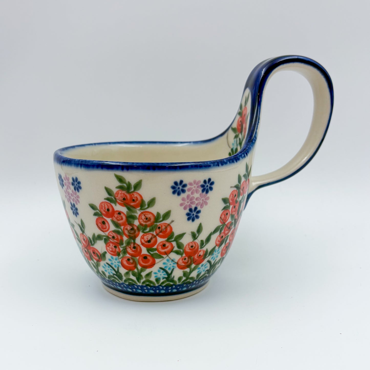12 oz Bowl/Mug with Loop-Handle.  Hand crafted Polish pottery stoneware: UNIKAT Red Berry
