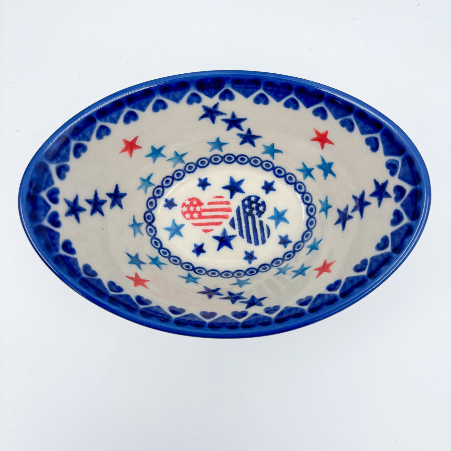 6” Oval Tub Bowl.  Hand crafted Polish pottery stoneware:  UNIKAT Stars and Stripes Pattern