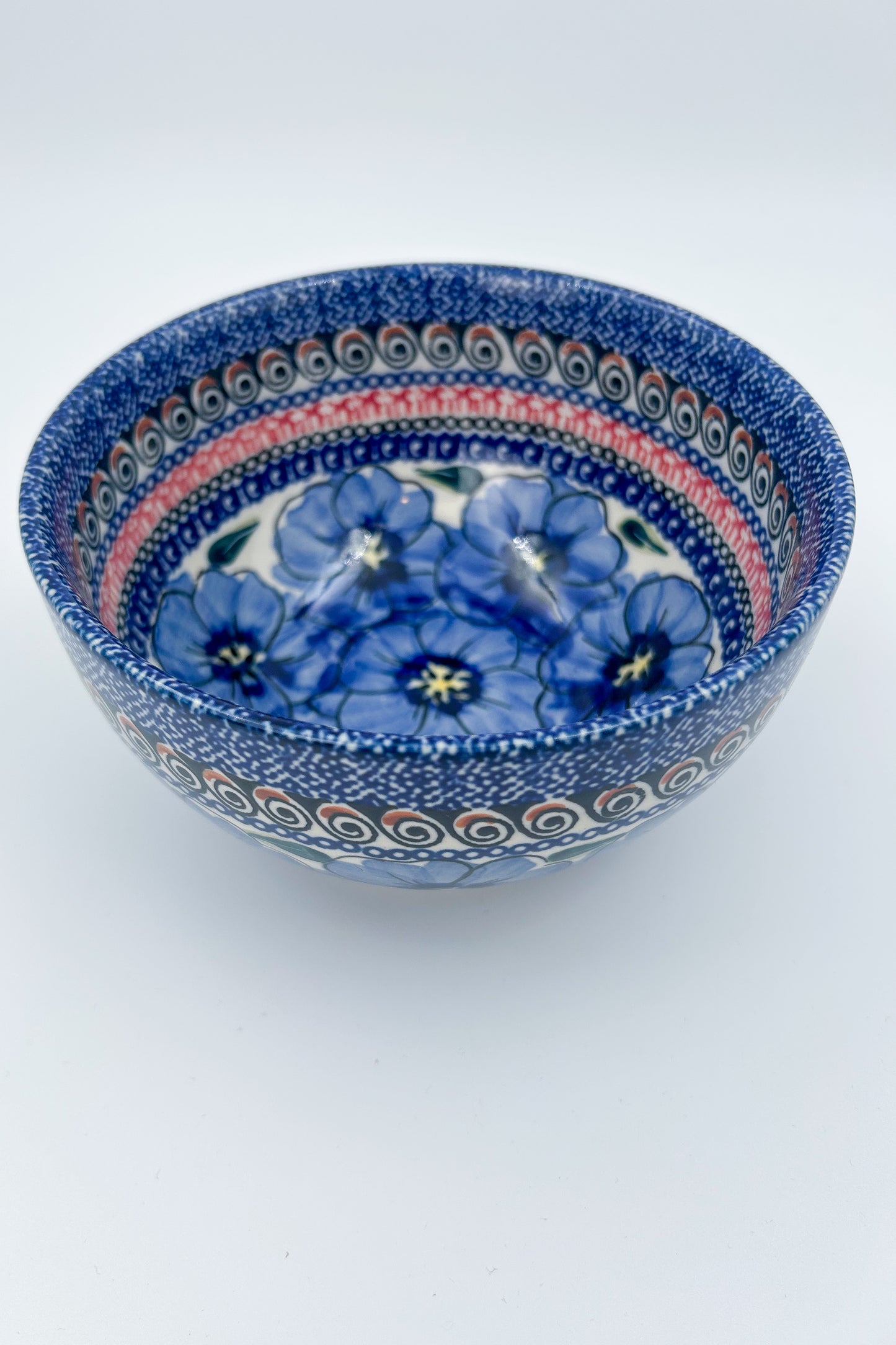 6.25” Deep Bowl.  Hand crafted Polish pottery stoneware: Bloomin Sky