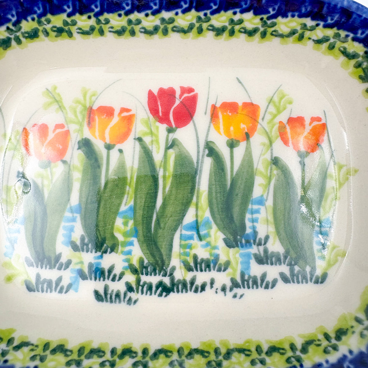 6" Butter Platter.  Handmade Polish pottery.  UNIKAT Tulip Fields
