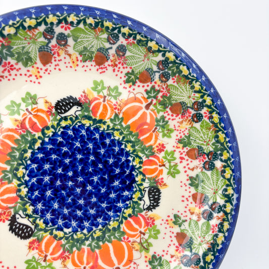 10.2” Plate.  Hand crafted Polish pottery stoneware: UNIKAT Hedgehog and Pumpkins