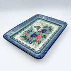 Mariposa rectangular platter, angled top-down view of full platter with butterfly and floral bouquet