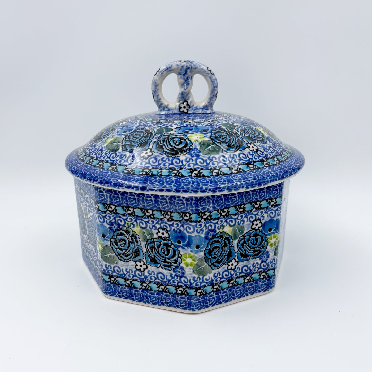 6" Pretzel Jar.  Handmade Polish pottery.  UNIKAT Garden at Midnight Design
