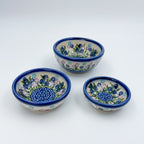 Small Set 3 stacking Bowls.  Hand crafted Polish pottery stoneware:  UNIKAT Blueberry Design