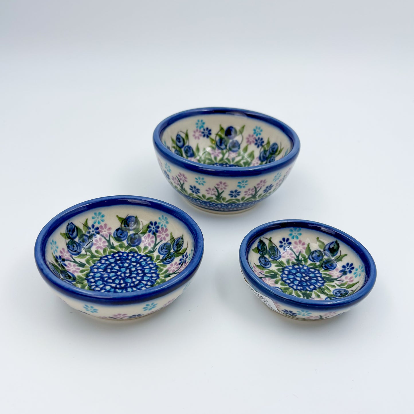 Small Set 3 stacking Bowls.  Hand crafted Polish pottery stoneware:  Blueberry Design