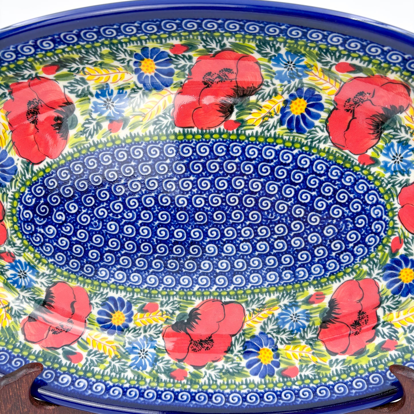 14" Oval Platter  Hand crafted Polish pottery stoneware: UNIKAT Garden Poppy Design