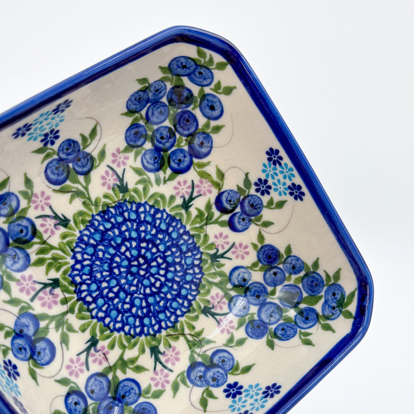 6” Square Bowl.  Hand crafted Polish pottery stoneware:   Unikat Blueberries