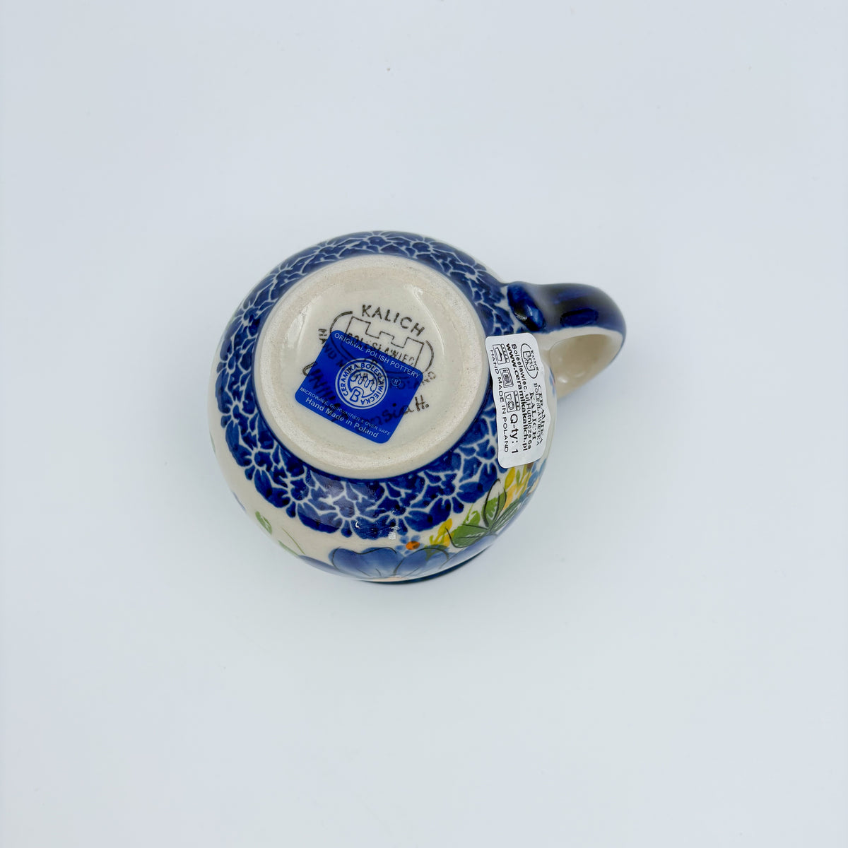 Bottom of Blue Pansy bubble mug showing Kalich hand-made stamp