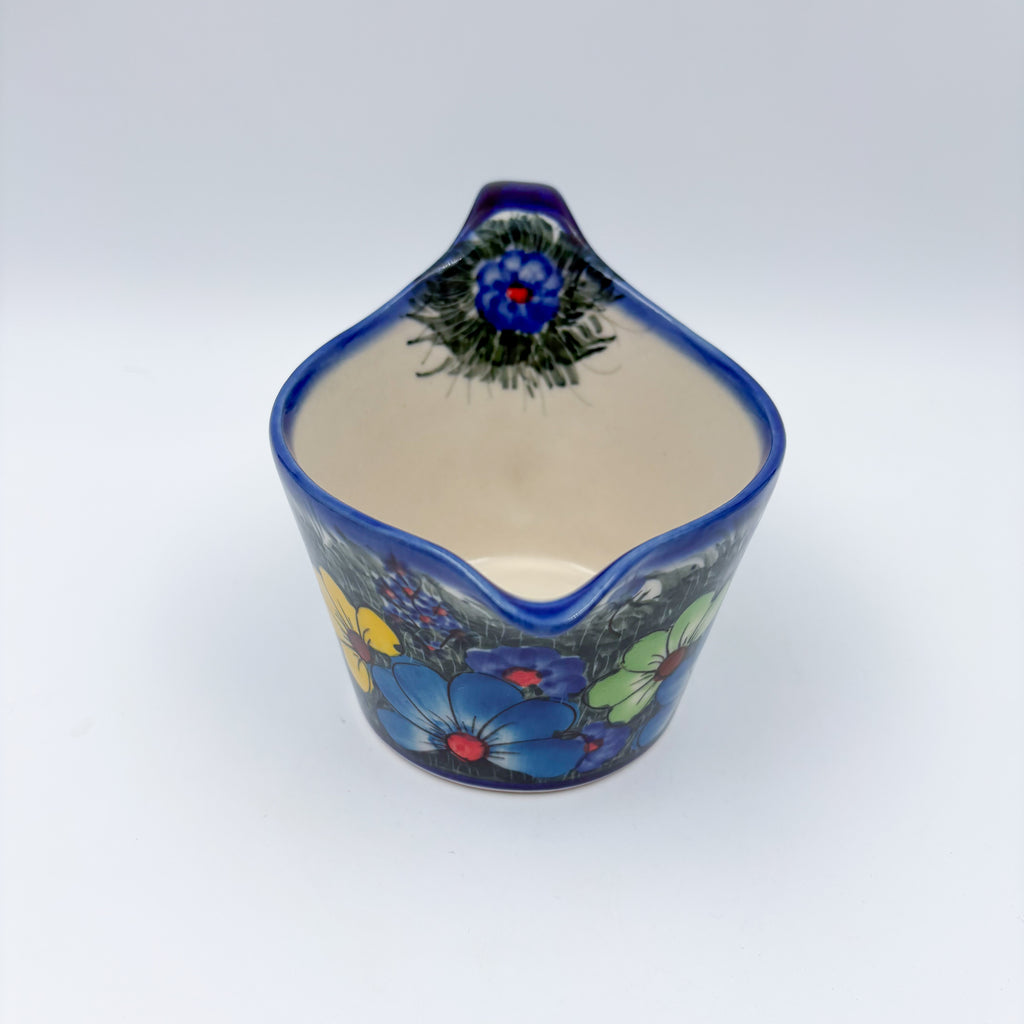 12 oz Loop Handle Gravy Boat.  Hand painted Polish pottery stoneware.  UNIKAT Forget Me Not Pansy