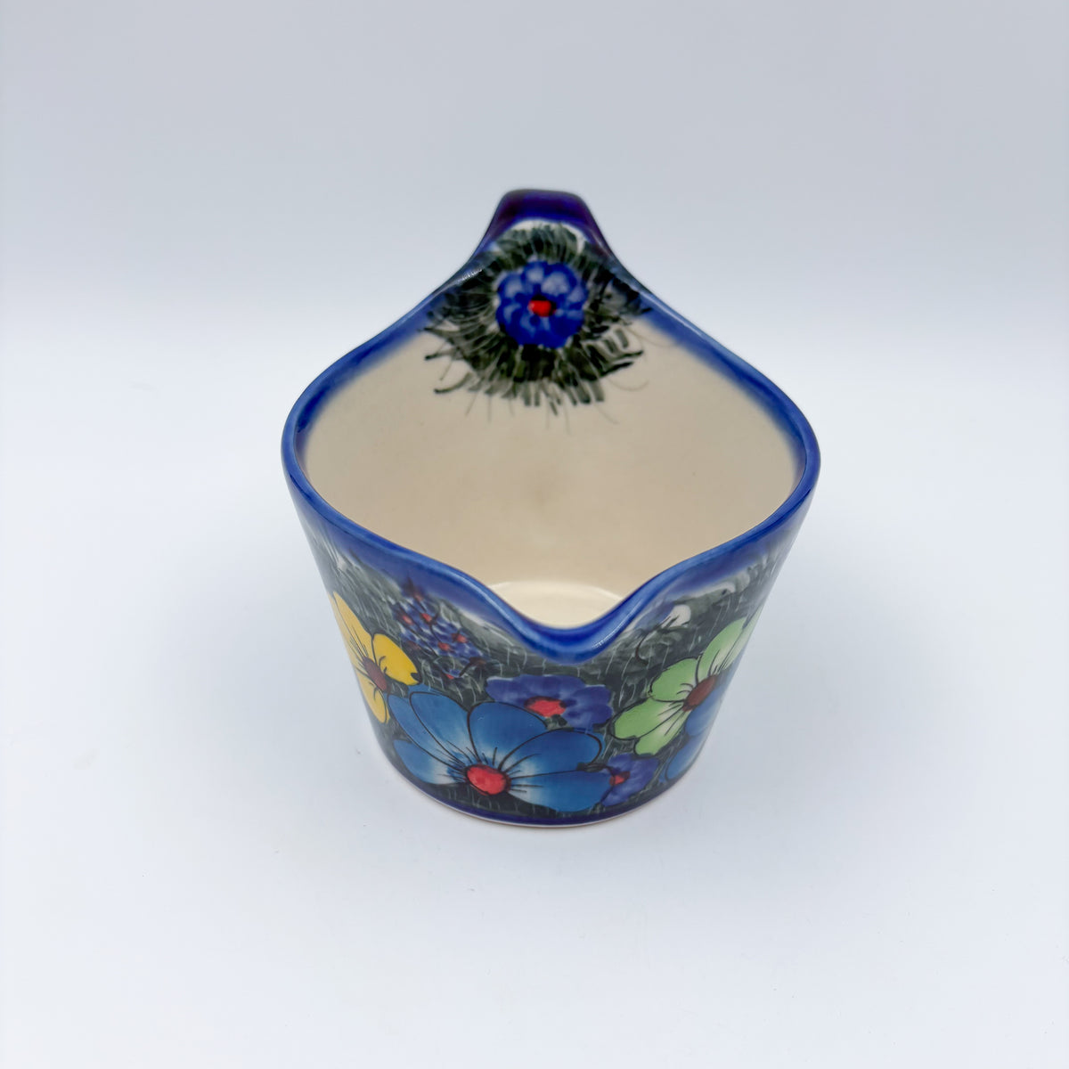 12 oz Loop Handle Gravy Boat.  Hand painted Polish pottery stoneware.  UNIKAT Forget Me Not Pansy