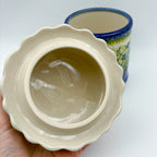 7" Container with Ruffled Lid Large.  Handmade Polish pottery.  UNIKAT Bluebell Meadow Design