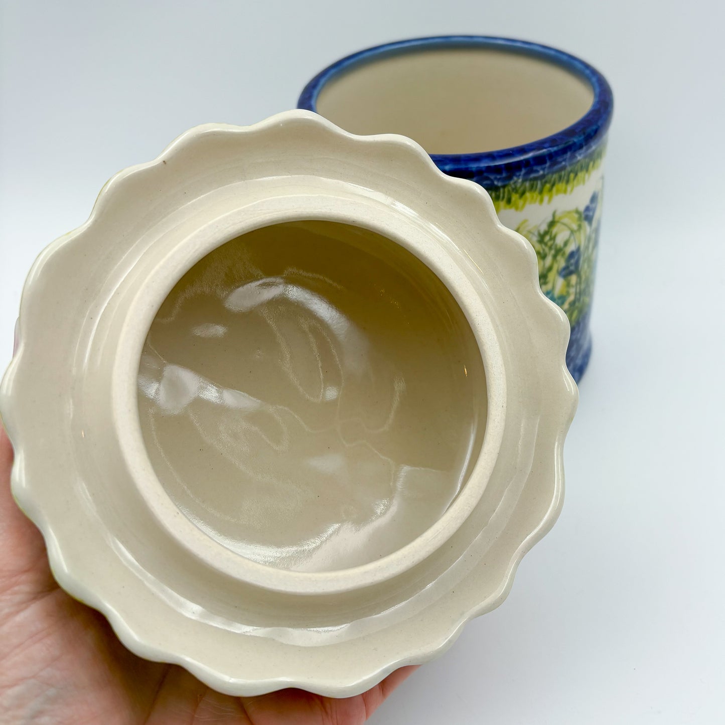 7" Container with Ruffled Lid Large.  Handmade Polish pottery.  UNIKAT Bluebell Meadow Design