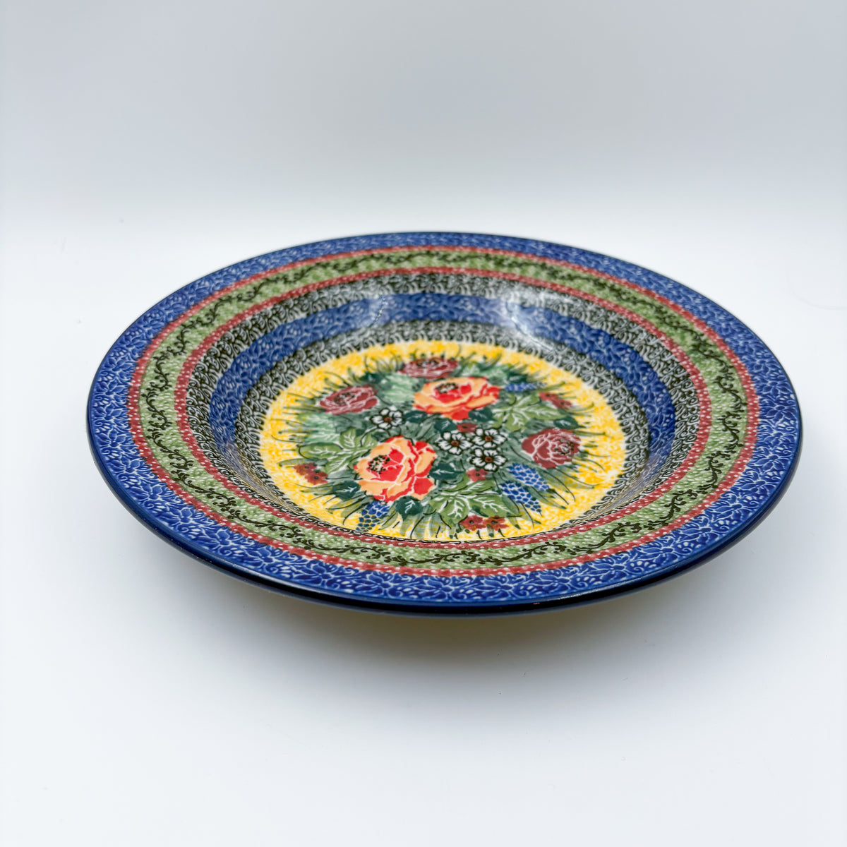 9”  Pasta Bowl.  Hand crafted Polish pottery stoneware: UNIKAT Copper Rose Meadow Design