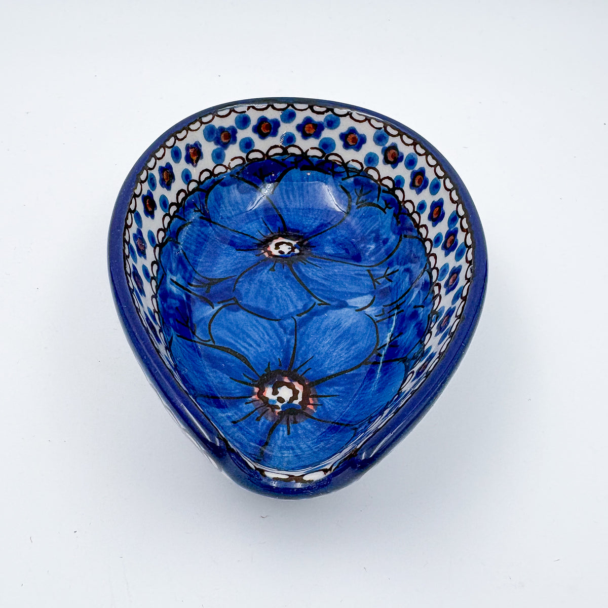 Spoon Rest 5”. Handmade Polish pottery.  UNIKAT Cobalt Poppies Design