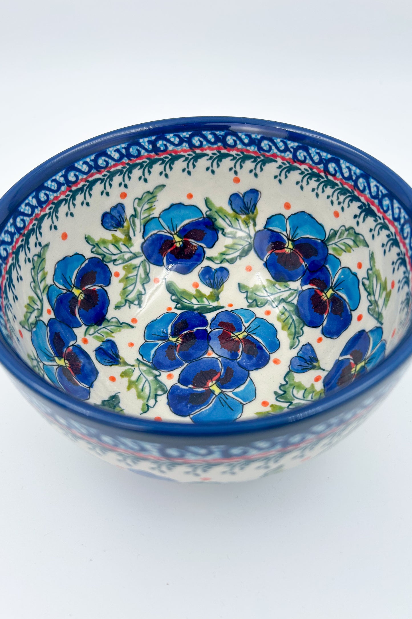 6.25” Deep Bowl.  Hand crafted Polish pottery stoneware:  Pansies In Bloom