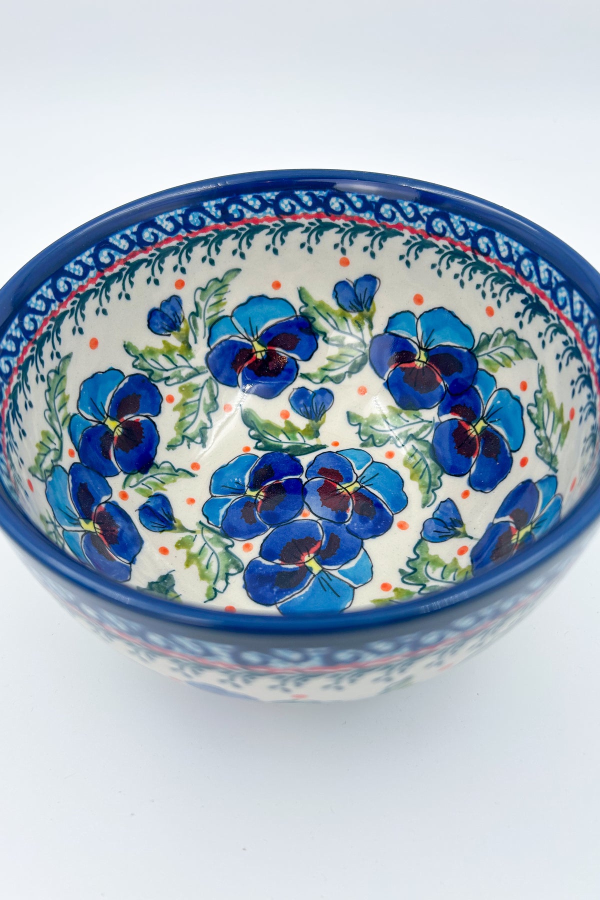 6.25” Deep Bowl.  Hand crafted Polish pottery stoneware:  Pansies In Bloom