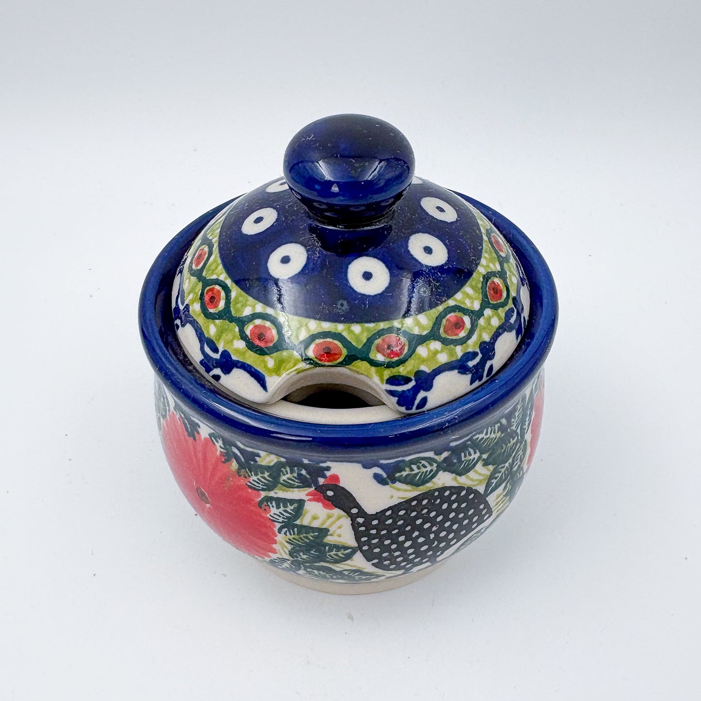 5oz. Sugar Bowl.  UNIKAT Chickens in the Florals Design