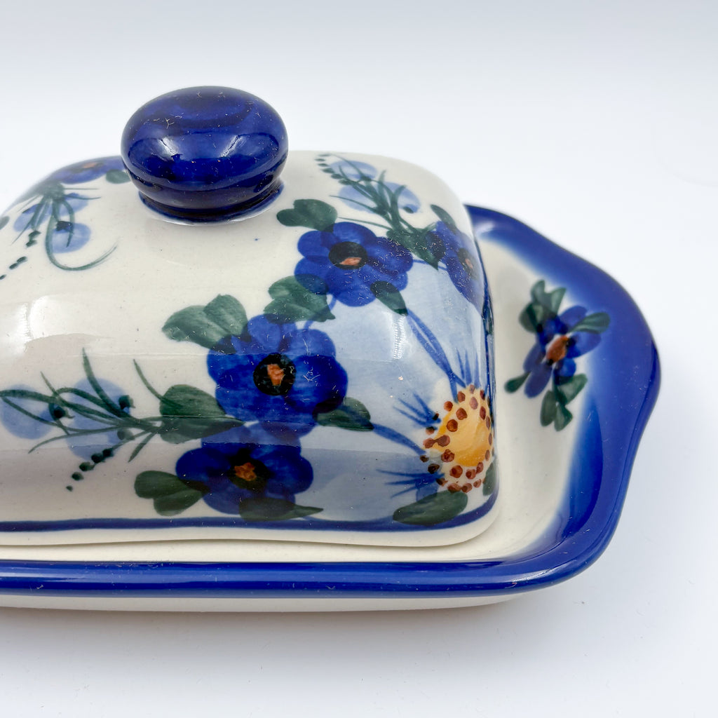 7" Butter Dish.  Handmade in Poland. UNIKAT Poppies in Blue