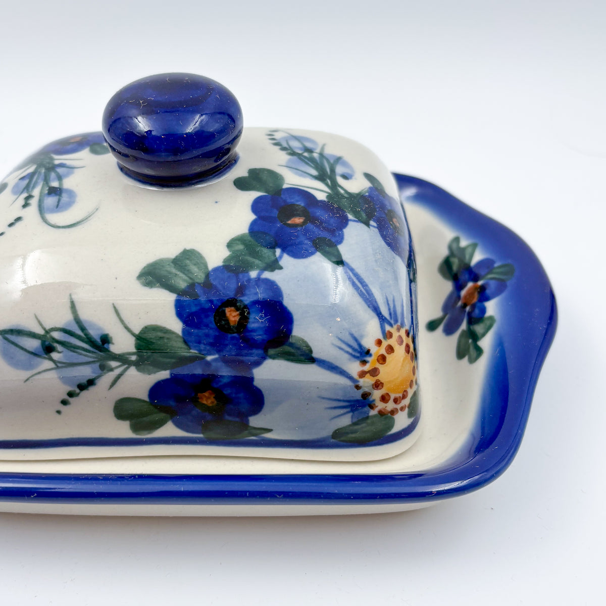7" Butter Dish.  Handmade in Poland. UNIKAT Poppies in Blue