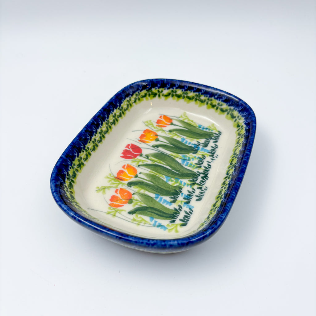 6" Butter Platter.  Handmade Polish pottery.  UNIKAT Tulip Fields