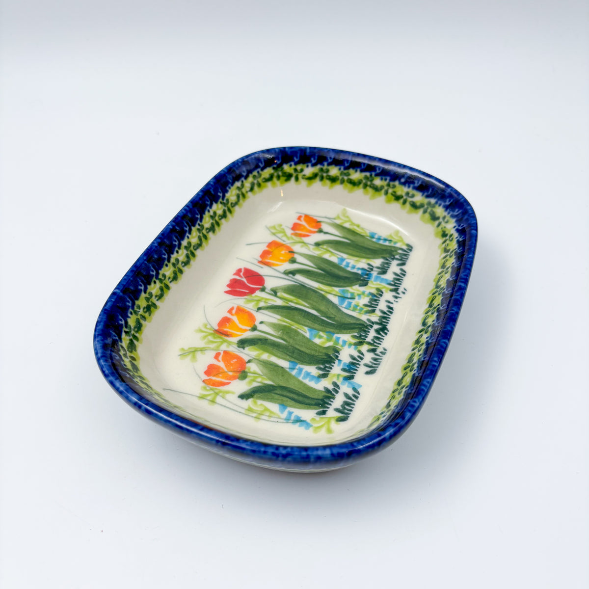 6" Butter Platter.  Handmade Polish pottery.  UNIKAT Tulip Fields