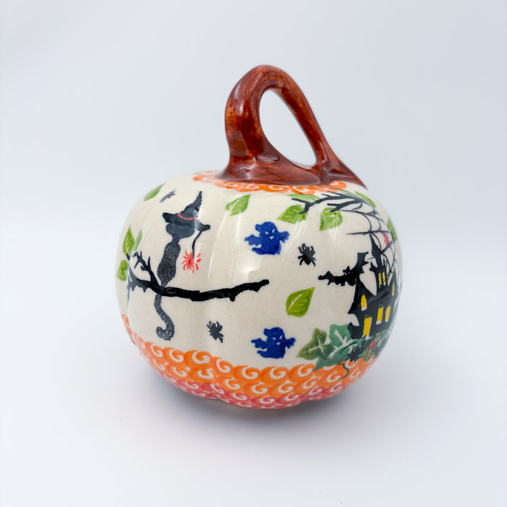 Pumpkin Small 5.3".  Hand crafted Polish pottery stoneware: UNIKAT Cat Witch