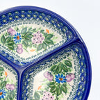 UNIKAT Floral Garden divided platter, close-up top-down view of two sections showing hydrangea and berry pattern