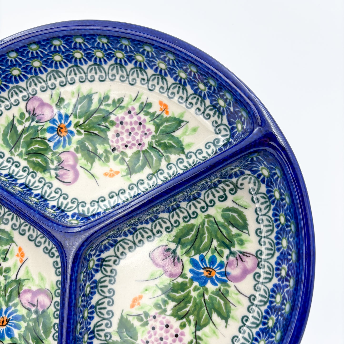 9" Divided Platter  Hand crafted Polish pottery stoneware: UNIKAT Floral Garden Design