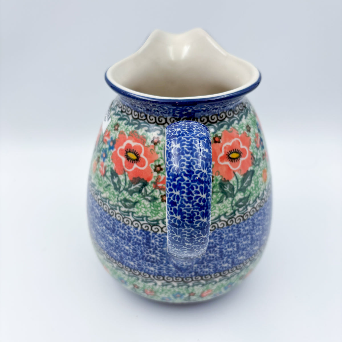 67 oz. Pitcher.  Hand painted Polish pottery stoneware.  UNIKAT Red Poppies