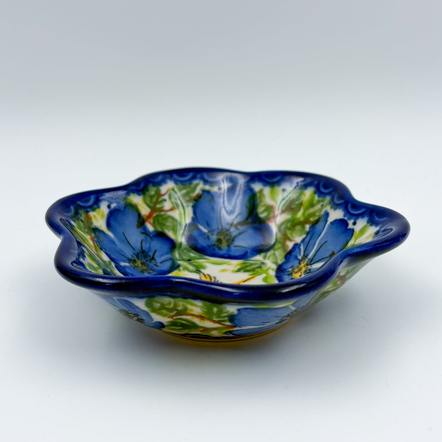 5” Bowl Flower.  Hand crafted Polish pottery stoneware:  UNIKAT Blue Poppy Songbird pattern