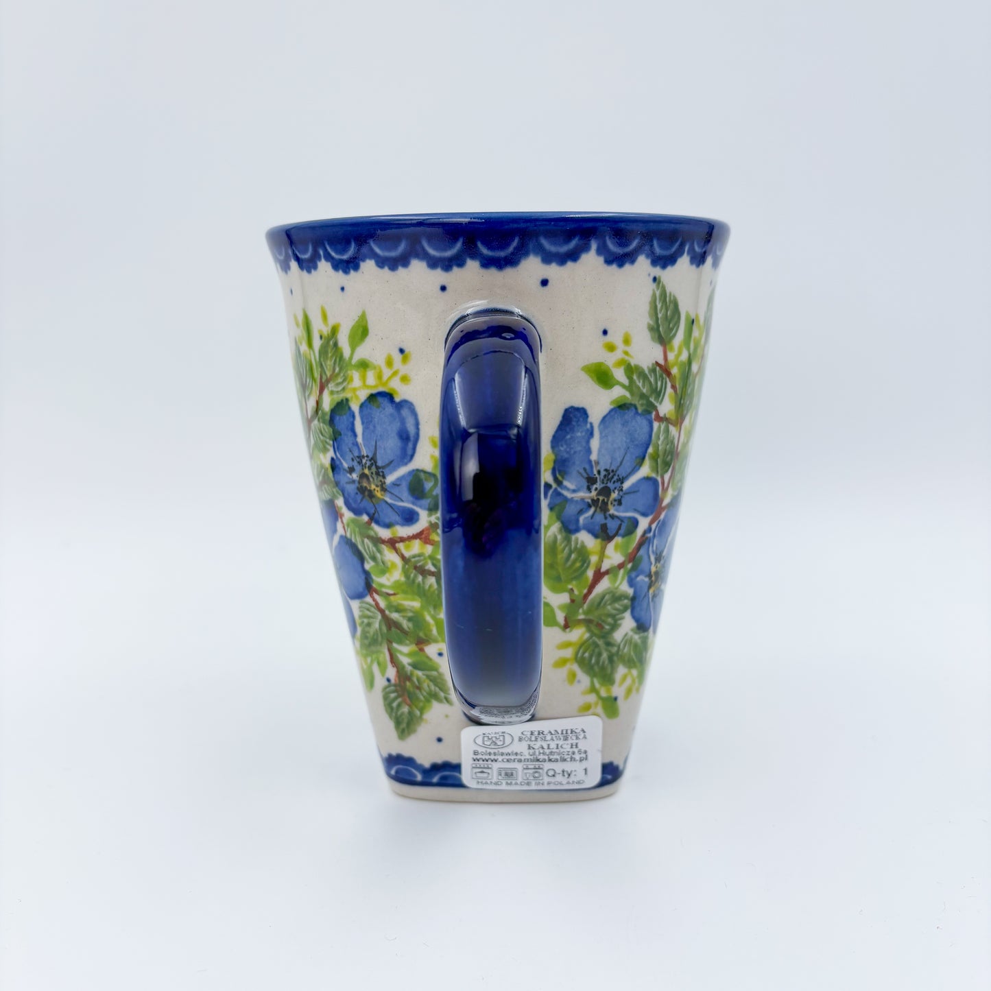 Mug XL 18oz. Handcrafted Polish pottery stoneware:  UNIKAT Blue Poppy Songbird