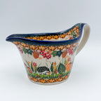 12 oz Loop Handle Gravy Boat.  Hand painted Polish pottery stoneware.  UNIKAT Hedgehog and Mushroom