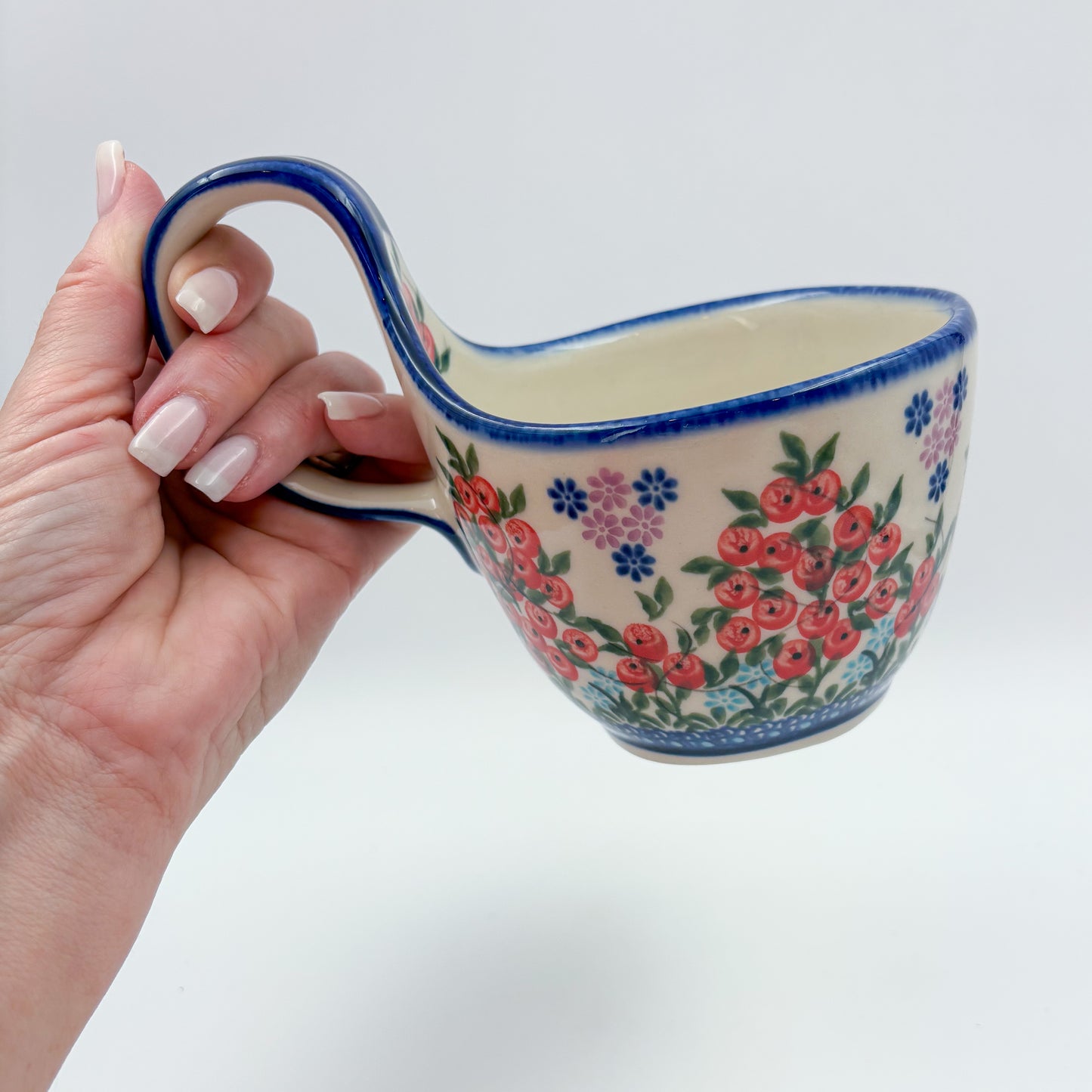 12 oz Bowl/Mug with Loop-Handle.  Hand crafted Polish pottery stoneware: UNIKAT Red Berry